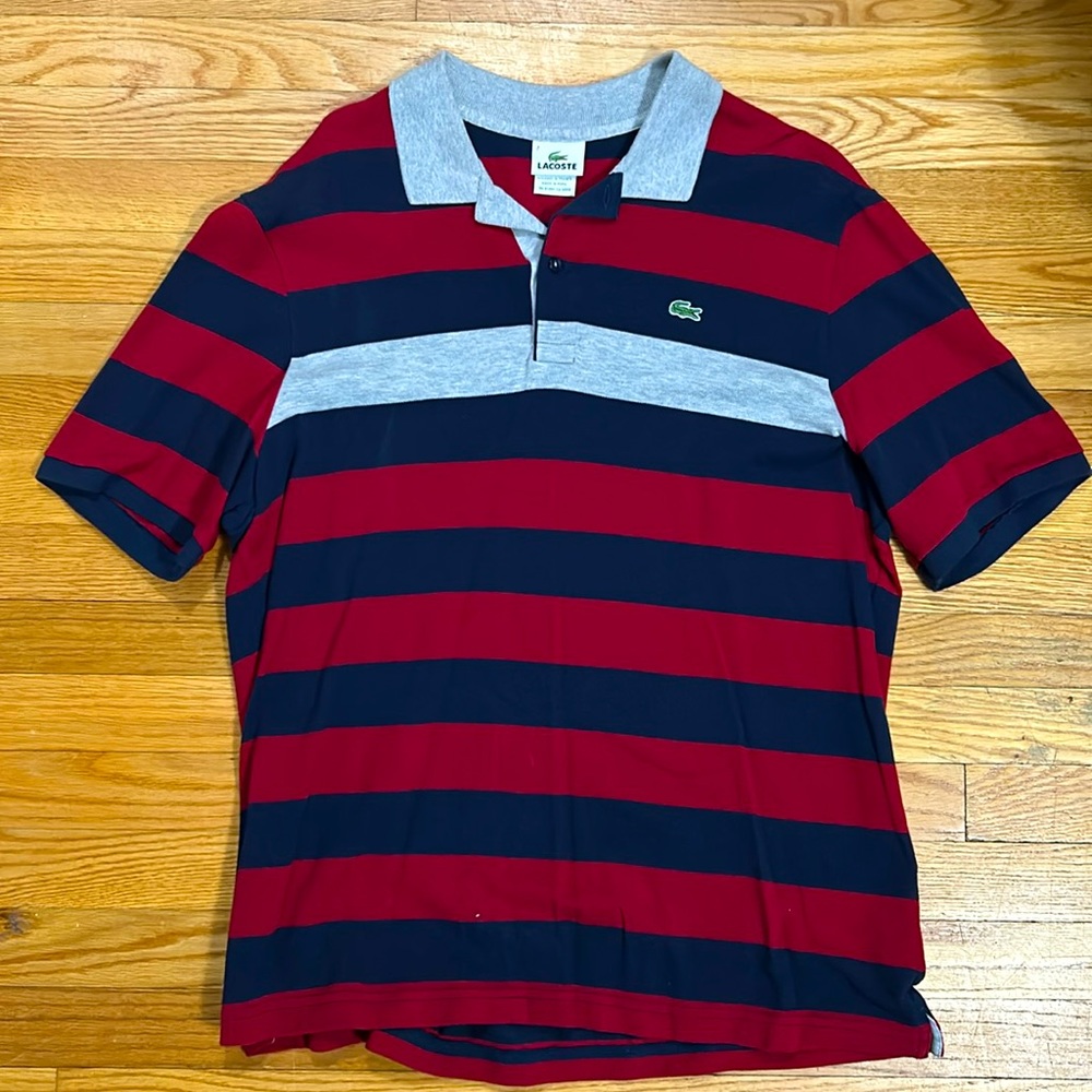 Men’s Lacoste Striped Short Sleeve Button Down Shirt Colors Blue Red Grey. Large